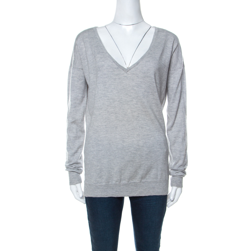 Image of Joseph Grey Wool Knitted Long Sleeve Deep V Neck Top S