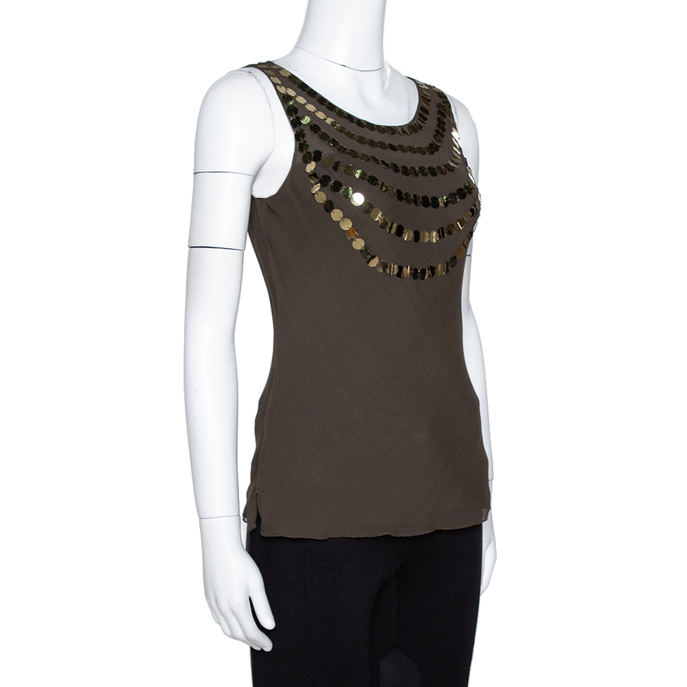 Joseph Olive Green Silk Sequin Embellished Sleeveless Top S