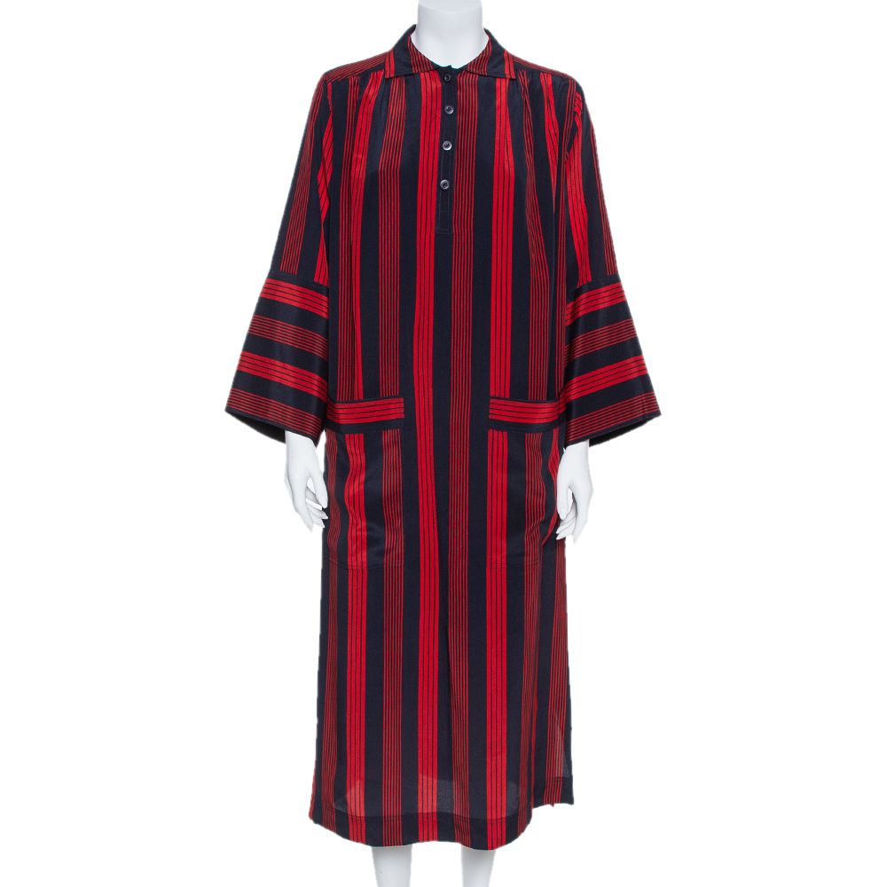 Image of Joseph Red/Blue Striped Chester Crepe de Chine Silk Midi Dress M