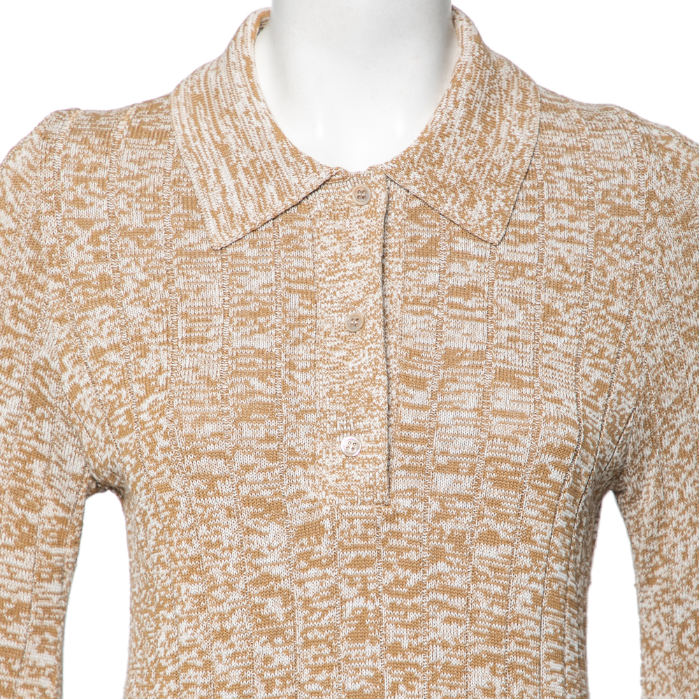 Joseph Beige Patterned Ribbed Knit Long Sleeve Polo Sweater L