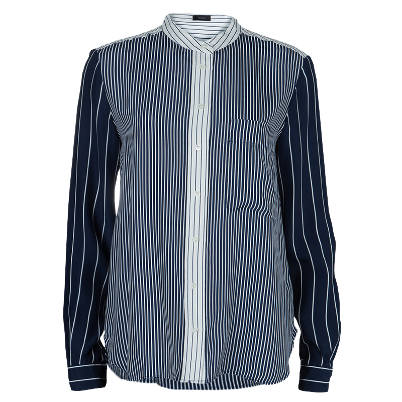 Image of Joseph Blue and White Striped Long Sleeve Silk Shirt S