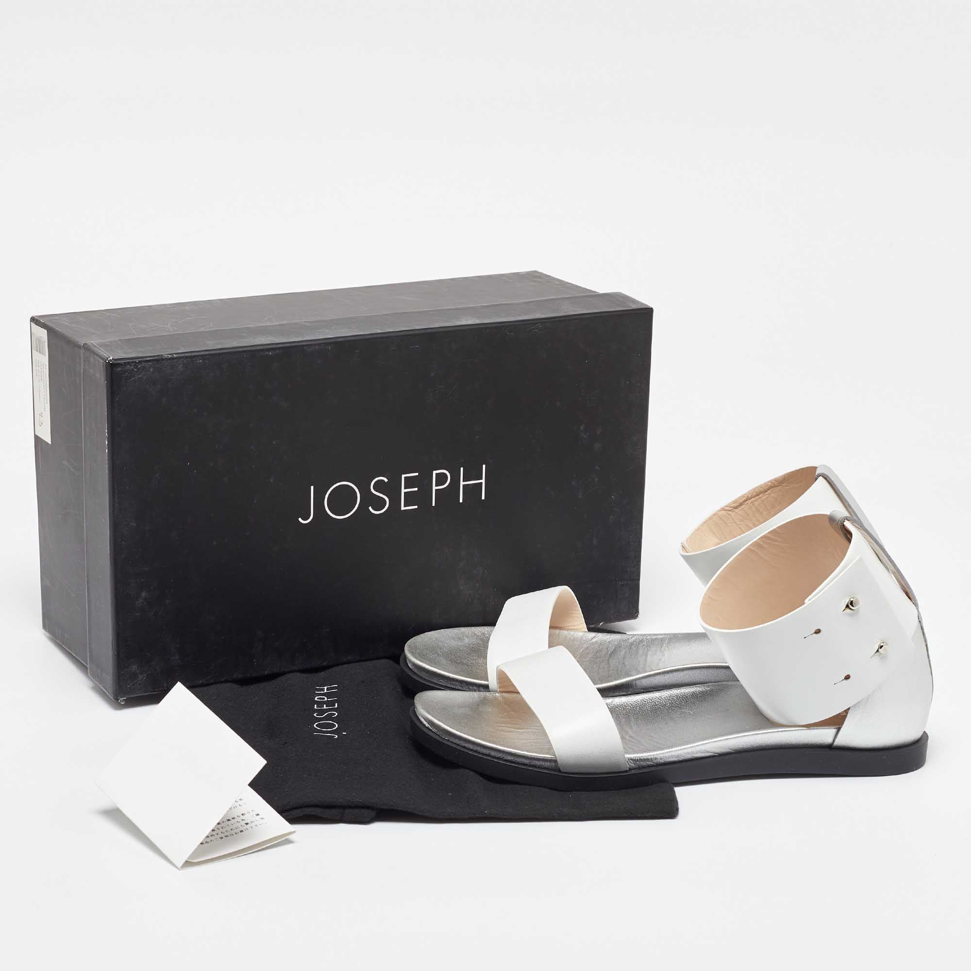 Joseph White/Silver Leather Ankle Strap Flat Sandals Size 39