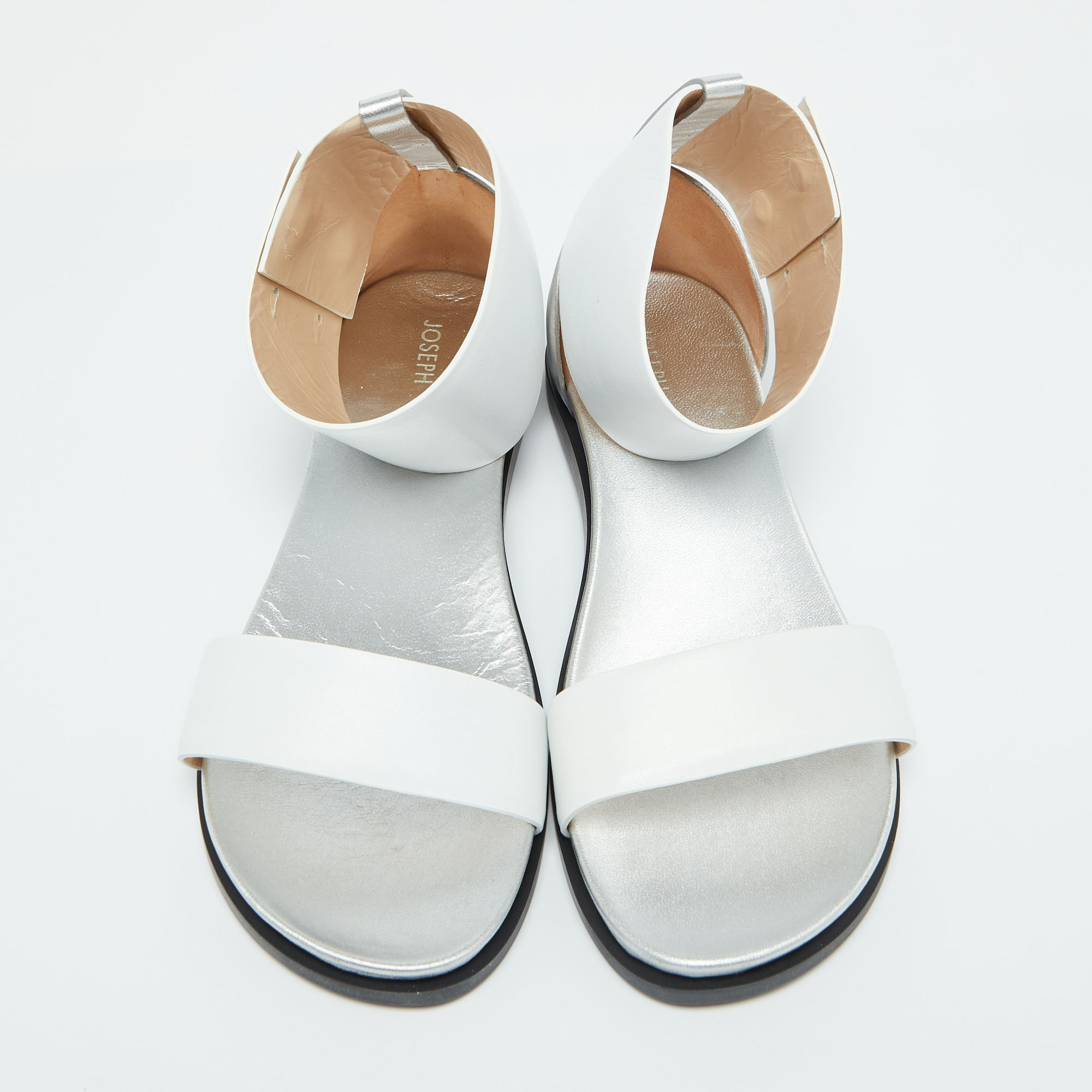 Joseph White/Silver Leather Ankle Strap Flat Sandals Size 40