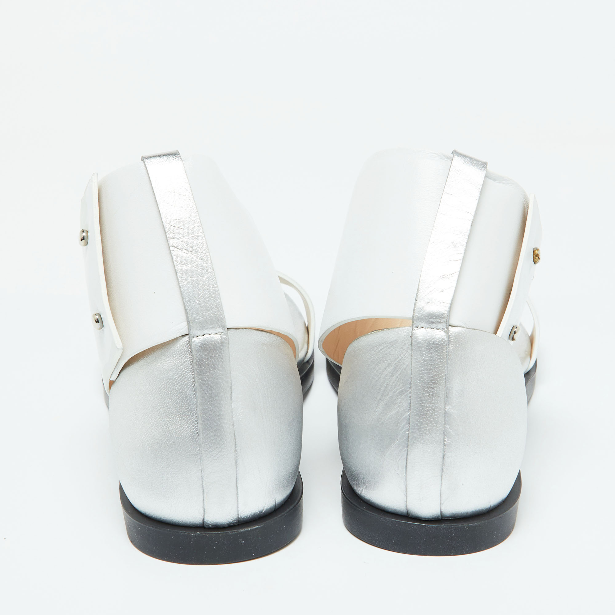 Joseph White/Silver Leather Ankle Strap Flat Sandals Size 40