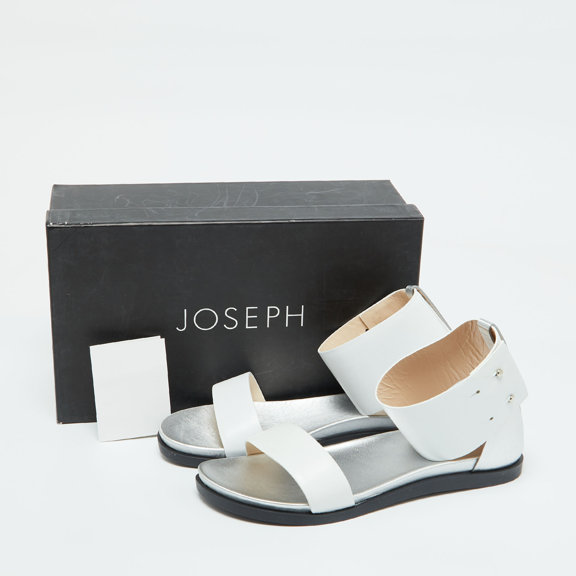 Joseph White/Silver Leather Ankle Strap Flat Sandals Size 40