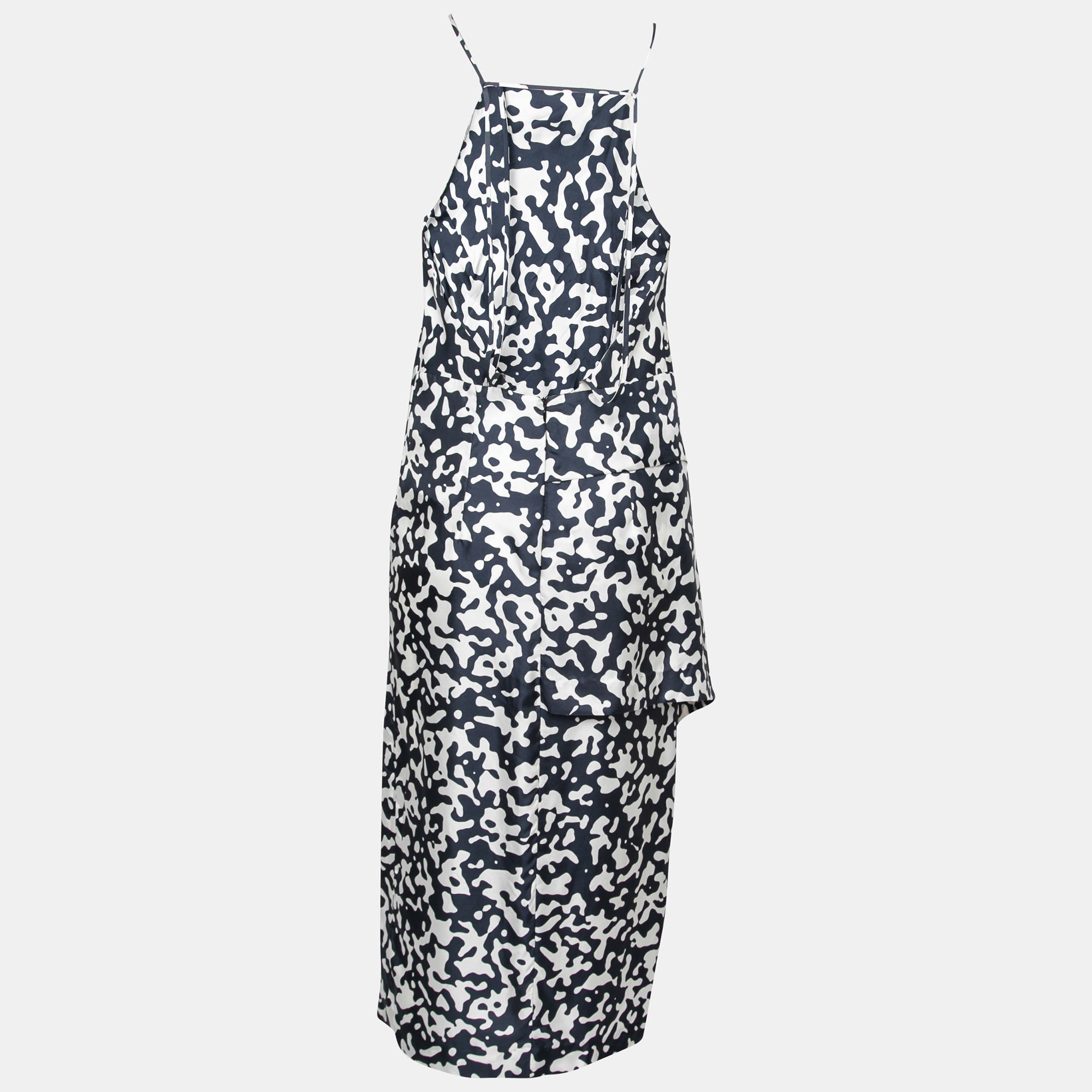 Josh Goot Navy Blue And White Printed Silk Side Bustle Dress XS