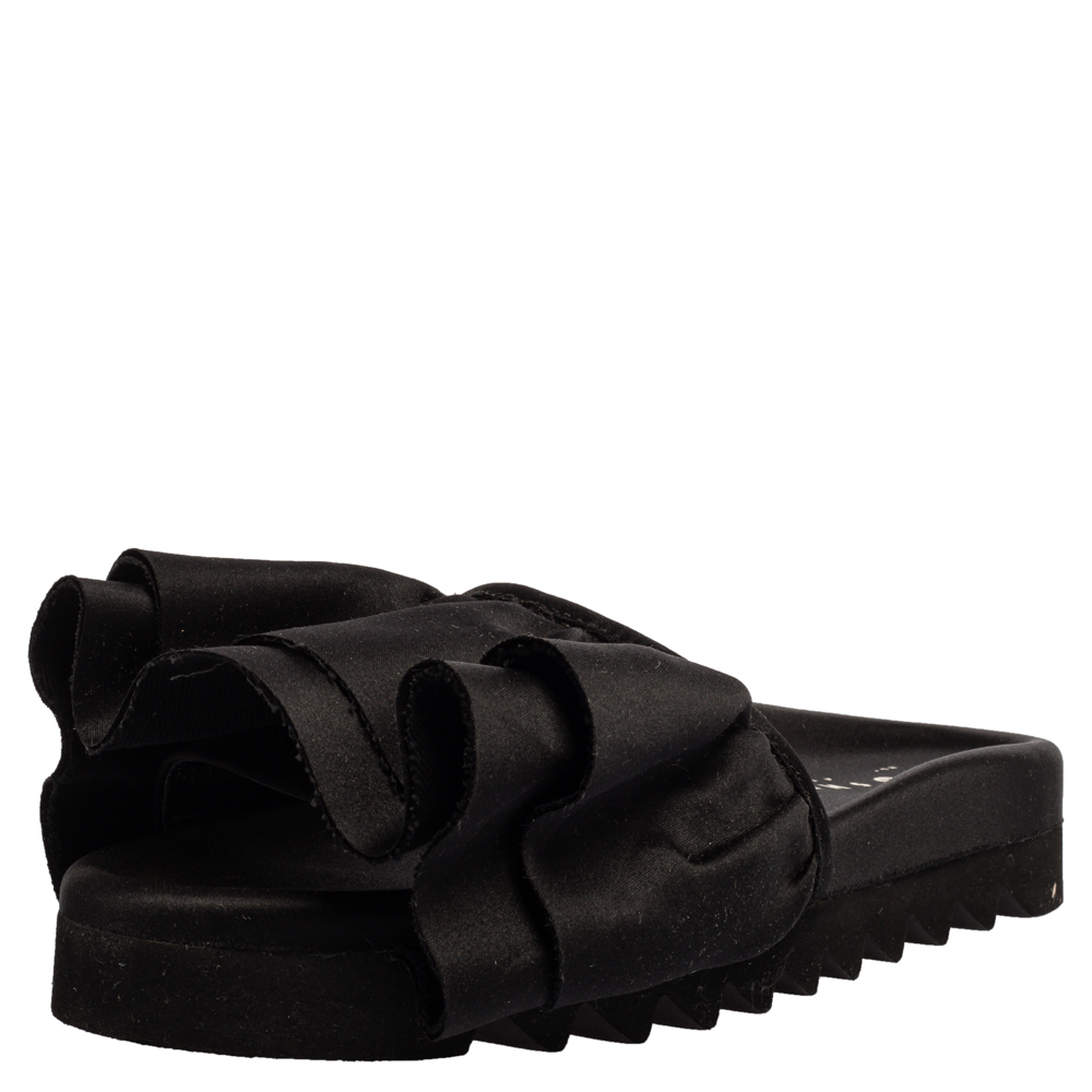 Image of Joshua Sanders Black Satin Ruffle Slide Sandals Size