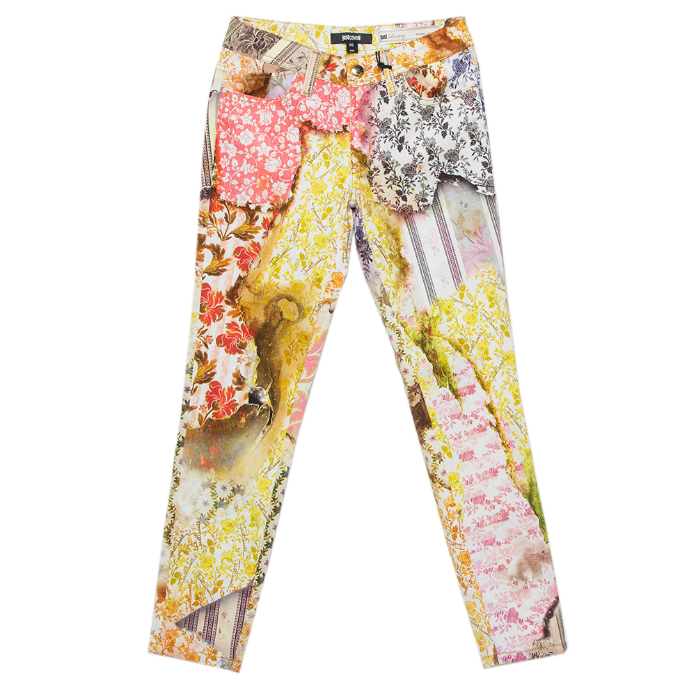 Just Cavalli Multicolor Floral Printed Cotton Skinny Leg Trousers XS