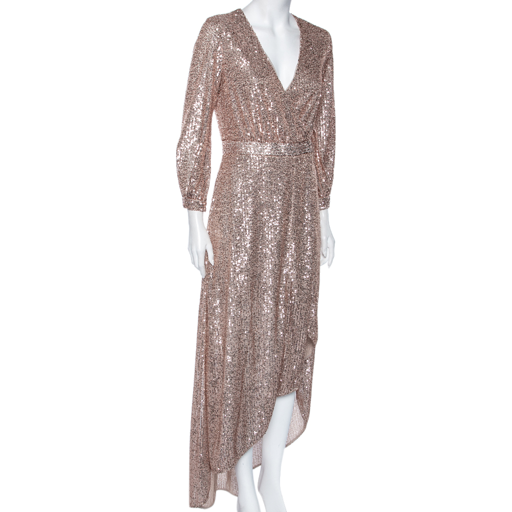 

Just Cavalli Beige Sequin Embellished Asymmetrical Hem Faux Wrap Dress