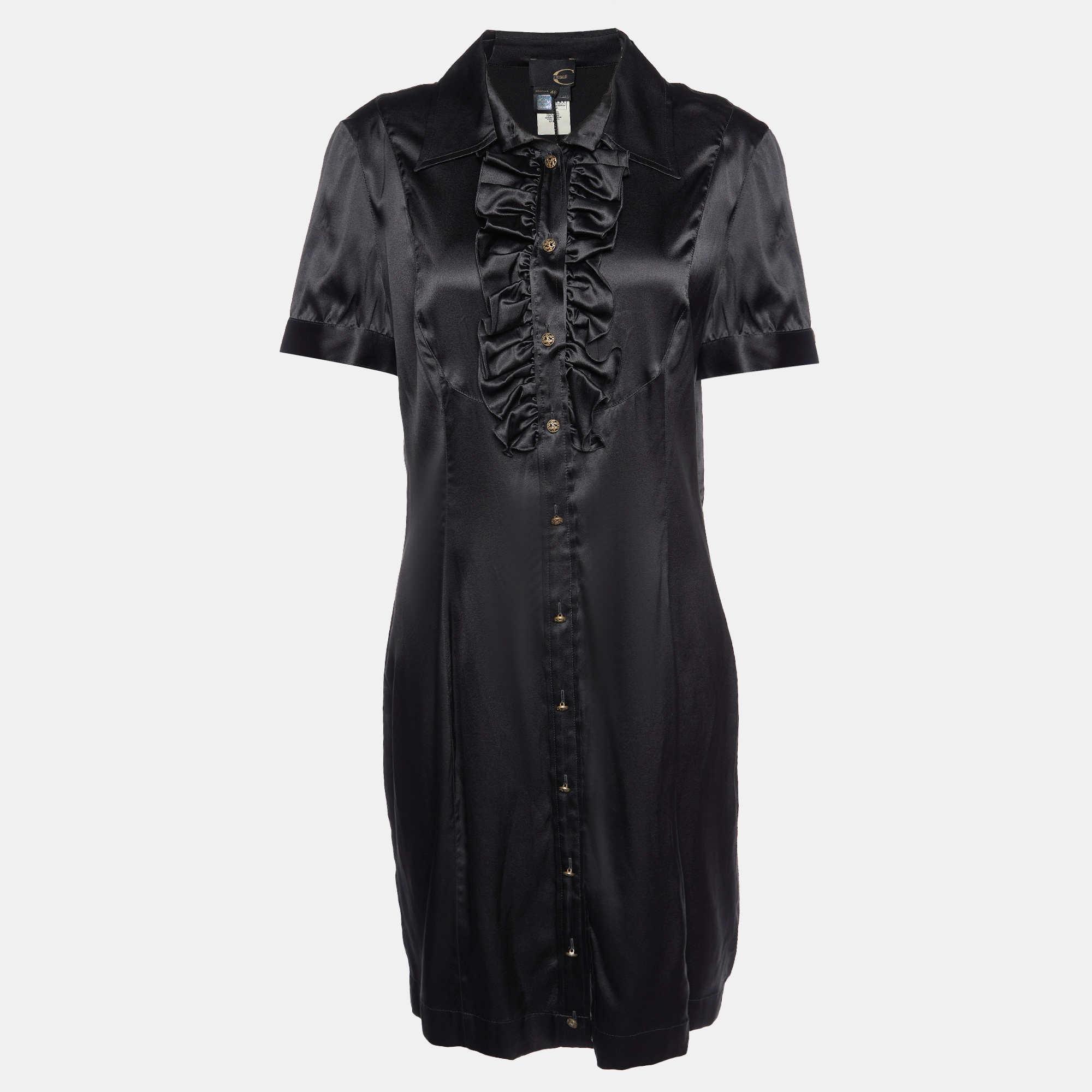 Just Cavalli Black Silk Satin Ruffled Mini Dress L