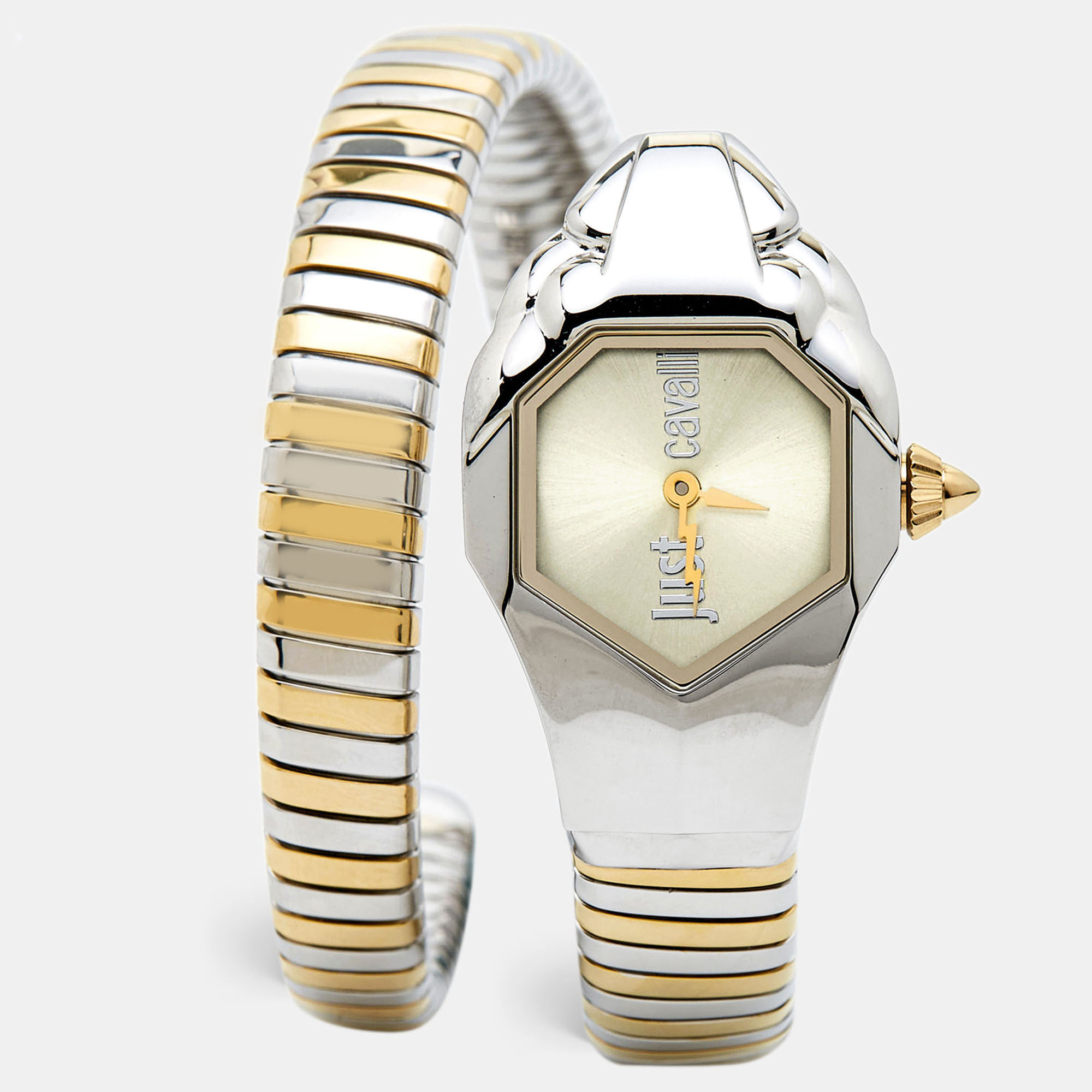 Just cavalli champagne two-tone stainless steel glam chic snake jc1l001m0035 women's wristwatch 22 mm