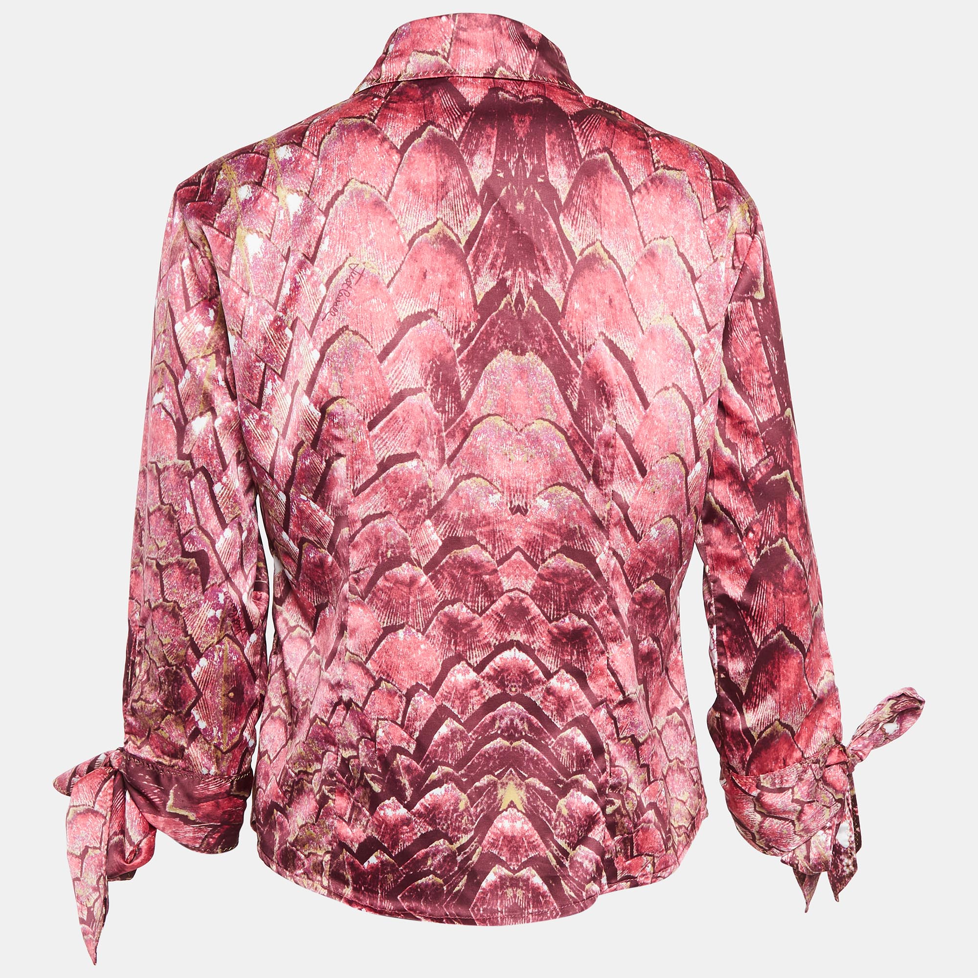 Just Cavalli Pink Abstract Print Satin Tie-up Sleeve Shirt L