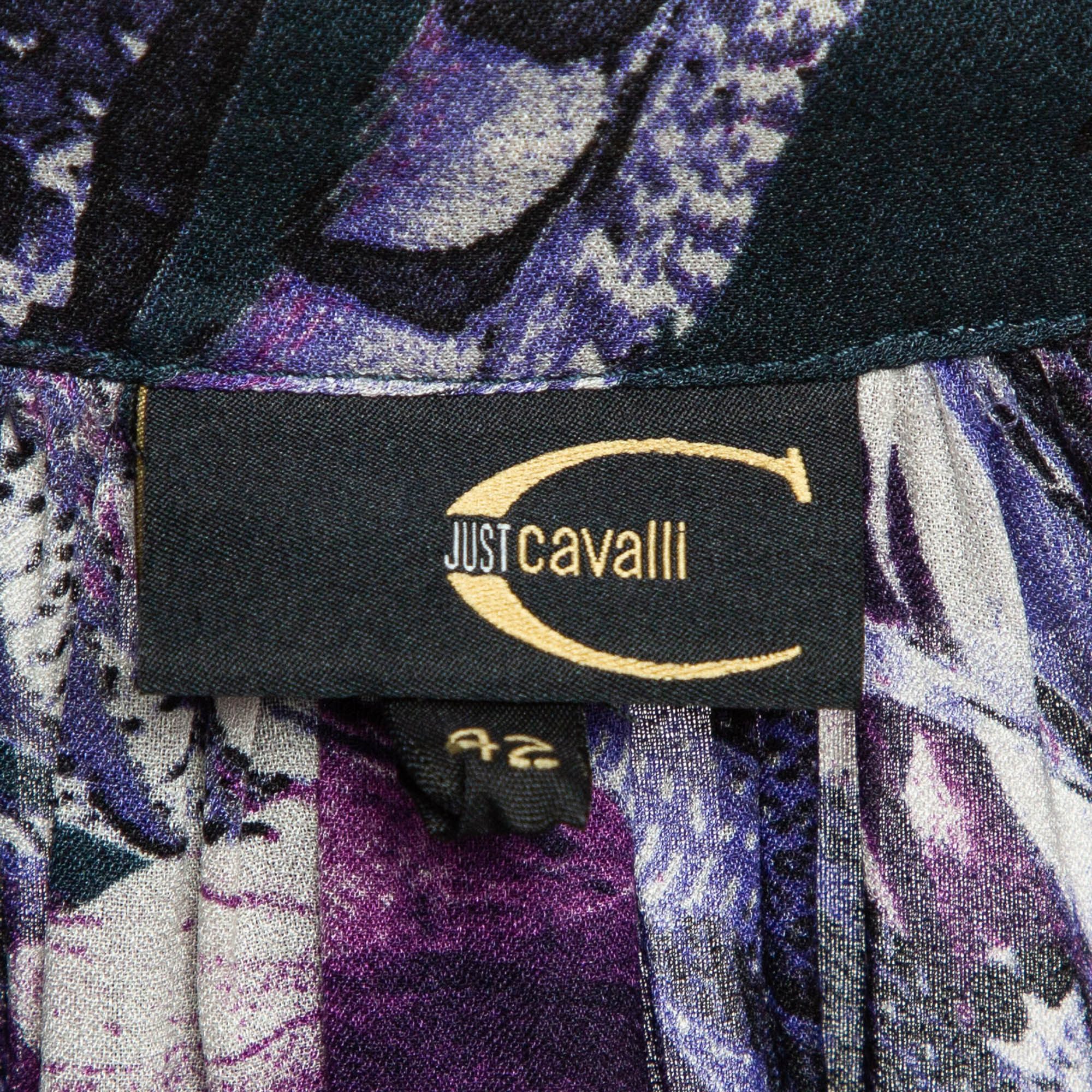 Just Cavalli Navy Blue Feather Printed Silk Neck-Tie Top M