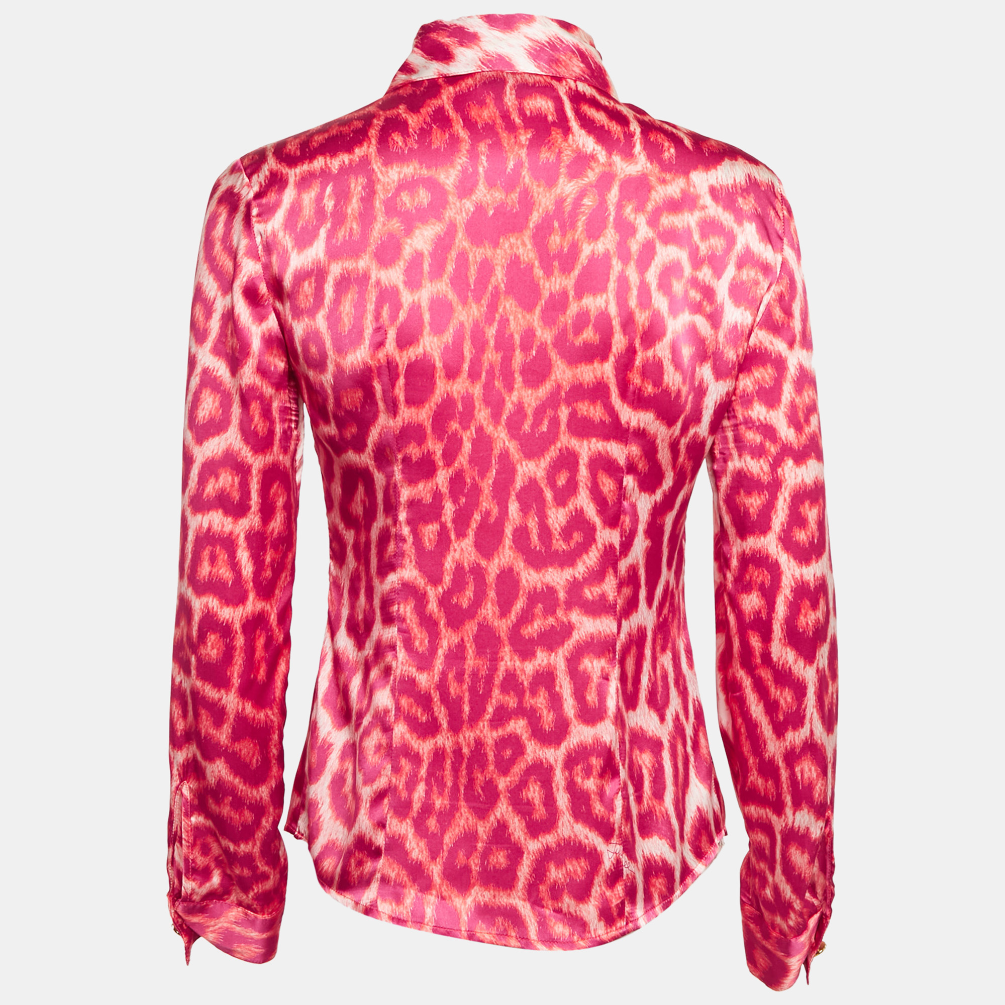 Just Cavalli Pink Leopard Print Satin Long Sleeve Shirt M