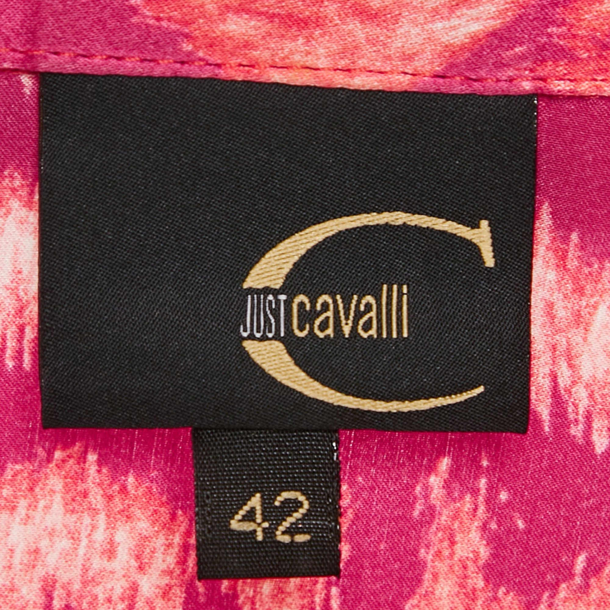 Just Cavalli Pink Leopard Print Satin Long Sleeve Shirt M