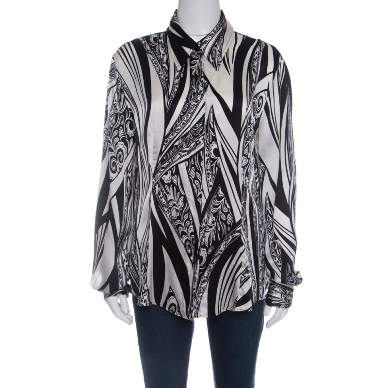 Image of Just Cavalli Monochrome Printed Silk Long Sleeve Blouse L
