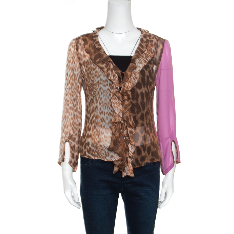 Image of Just Cavalli Leopard Printed Sheer Criss Cross Tie Up Detail Ruffled Blouse M
