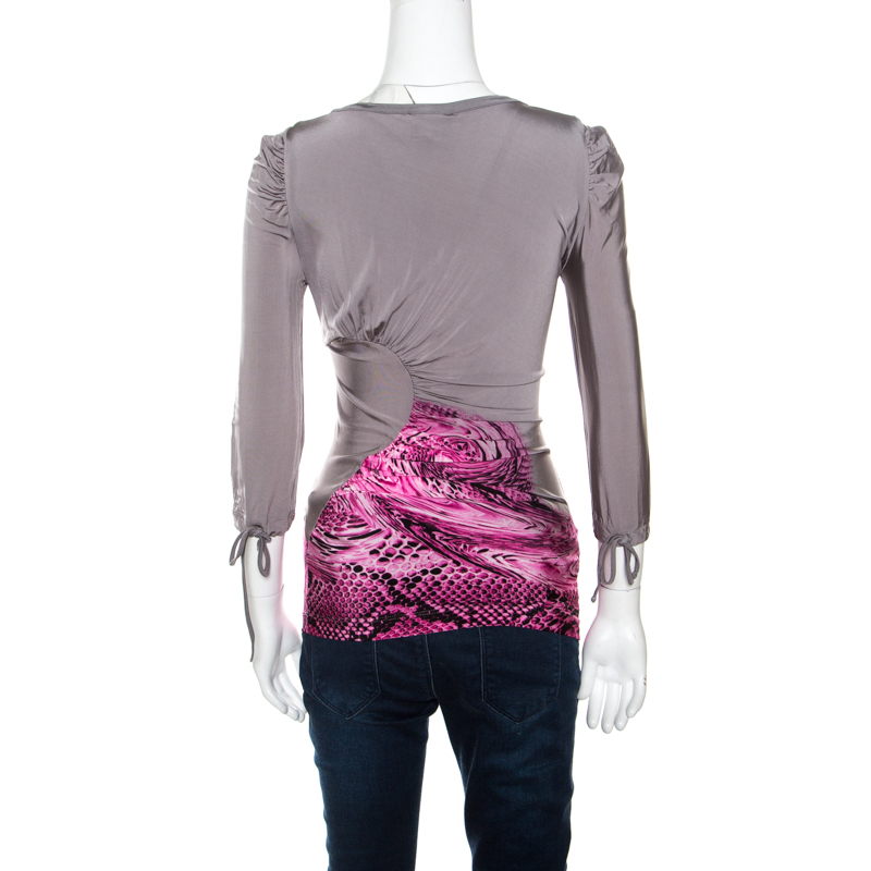 Just Cavalli Grey And Pink Animal Printed Ruched Long Sleeve Top S