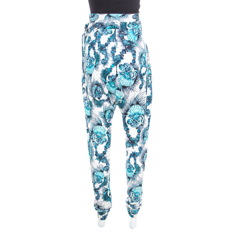 Just Cavalli White And Blue Shell Printed Draped Tie Detail Pants M