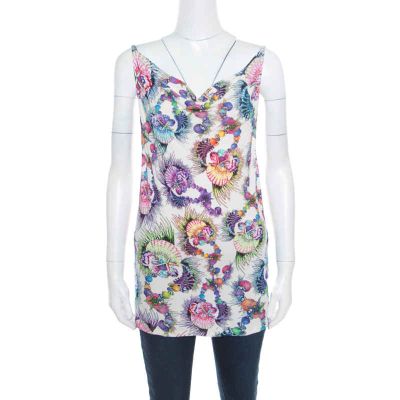 Image of Just Cavalli Multicolor Shell Printed Jersey Cowl Neck Sleeveless Top M