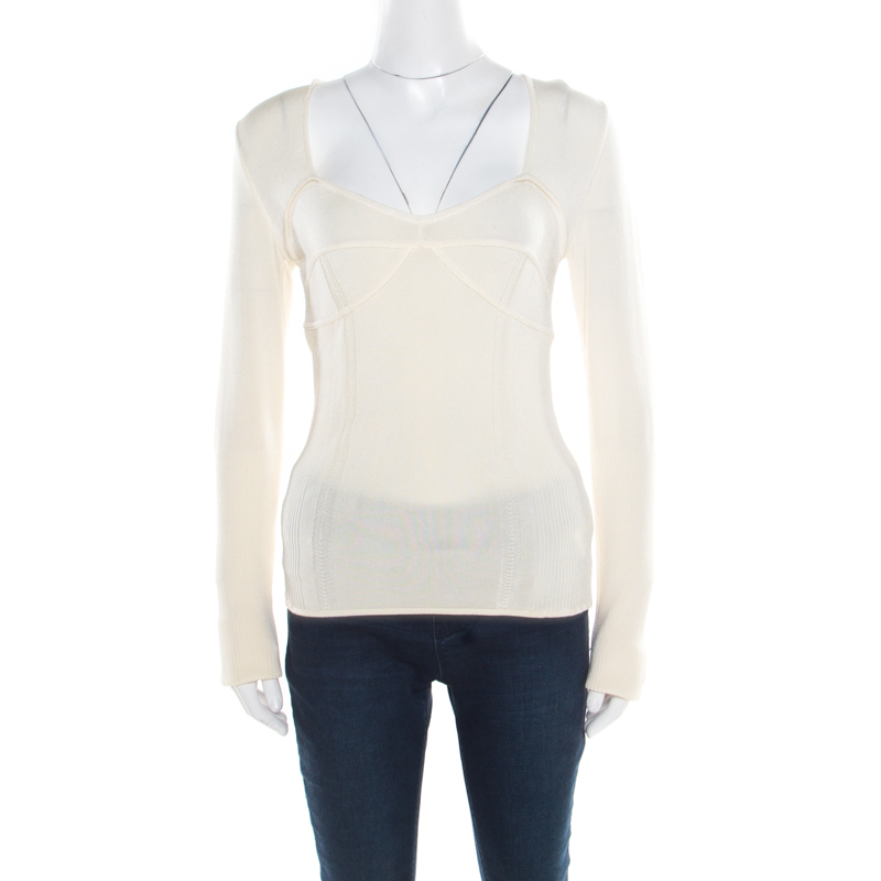 Image of Just Cavalli Cream Rib Knit Long Sleeve Fitted Top M