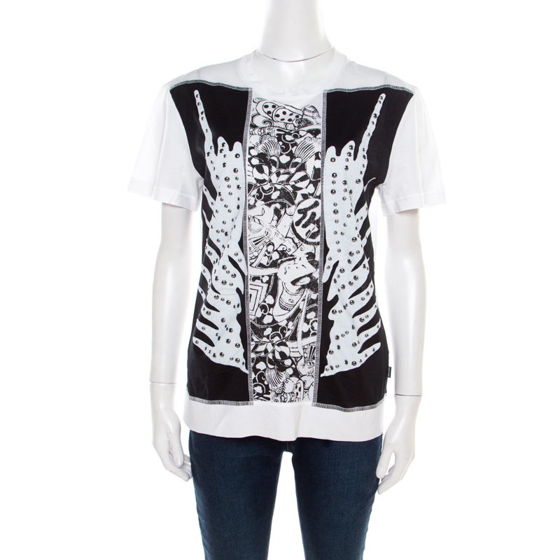 Image of Just Cavalli Black and White Printed Studded Crew Neck T-Shirt L