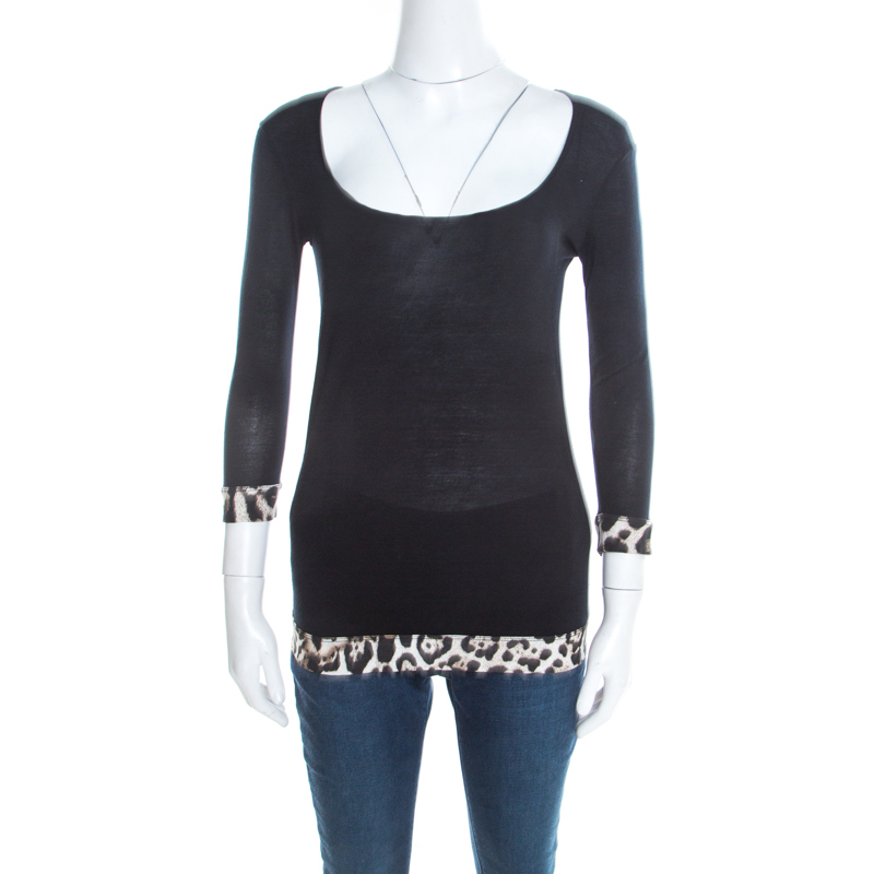 

Just Cavalli Black Jersey Animal Printed Trim Scoop Neck T-Shirt