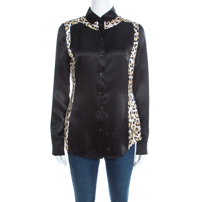 Image of Just Cavalli Black Satin Animal Print Paneled Long Sleeve Shirt M