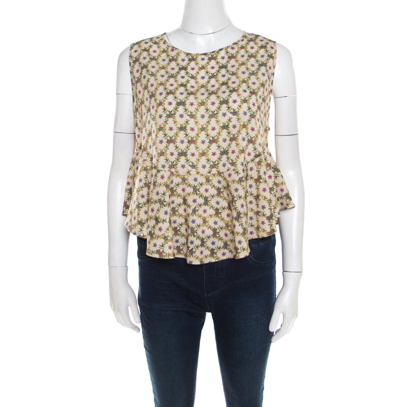 Image of Just Cavalli Beige Floral Print Sleeveless Peplum Top S