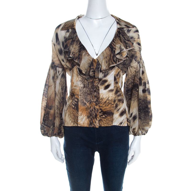 Image of Just Cavalli Brown Leopard Print Chiffon Ruffle Collar Detail Blouse M