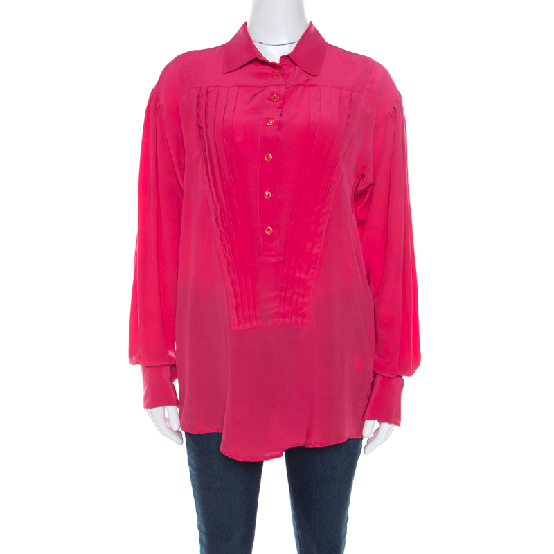 

Just Cavalli Pink Silk Pleated Front Rolled Cuff Detail Blouse