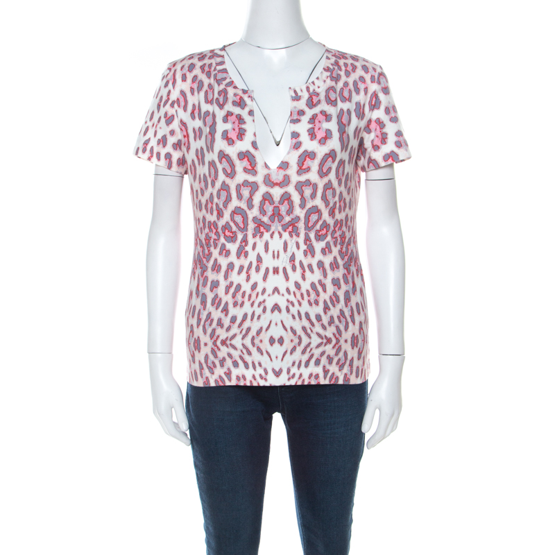 

Just Cavalli Multicolor Leopard Print Slit Neck T-Shirt