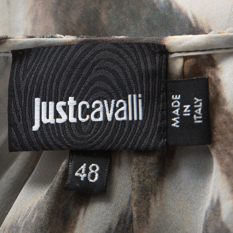 Just Cavalli Cream And Grey Tiger Printed Silk Tie Front Sheer Dress L