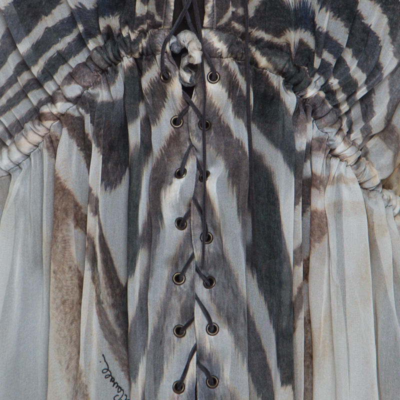 Just Cavalli Cream And Grey Tiger Printed Silk Tie Front Sheer Dress L