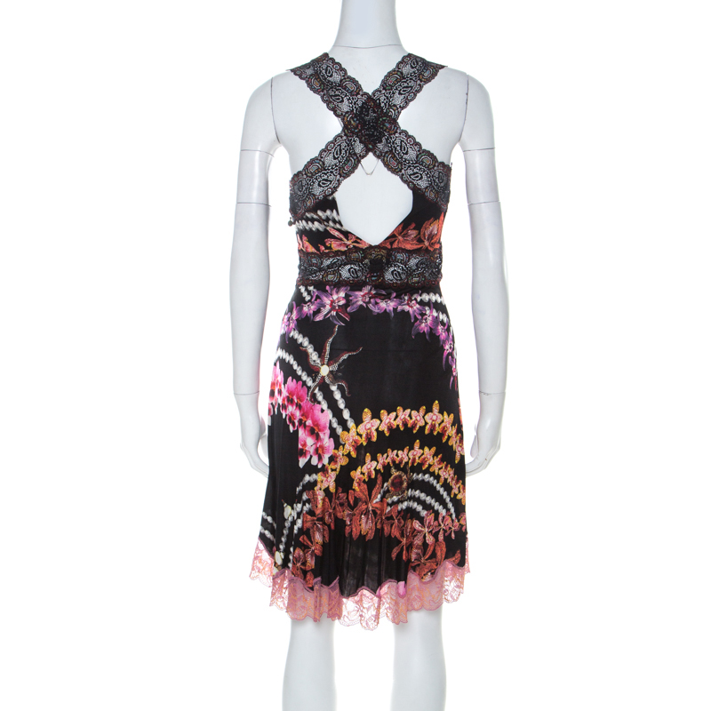 Just Cavalli Black Orchid Print Stretch Lace Trimmed Cross Back Dress M