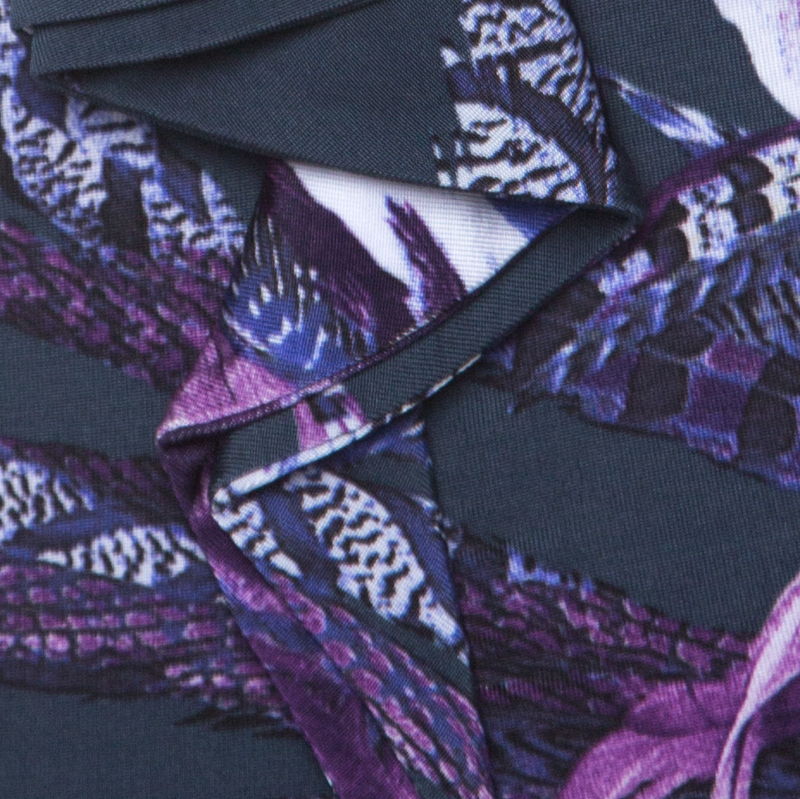 Just Cavalli Navy Blue & Purple Printed Stretch Ruffle Collar Detail Top M