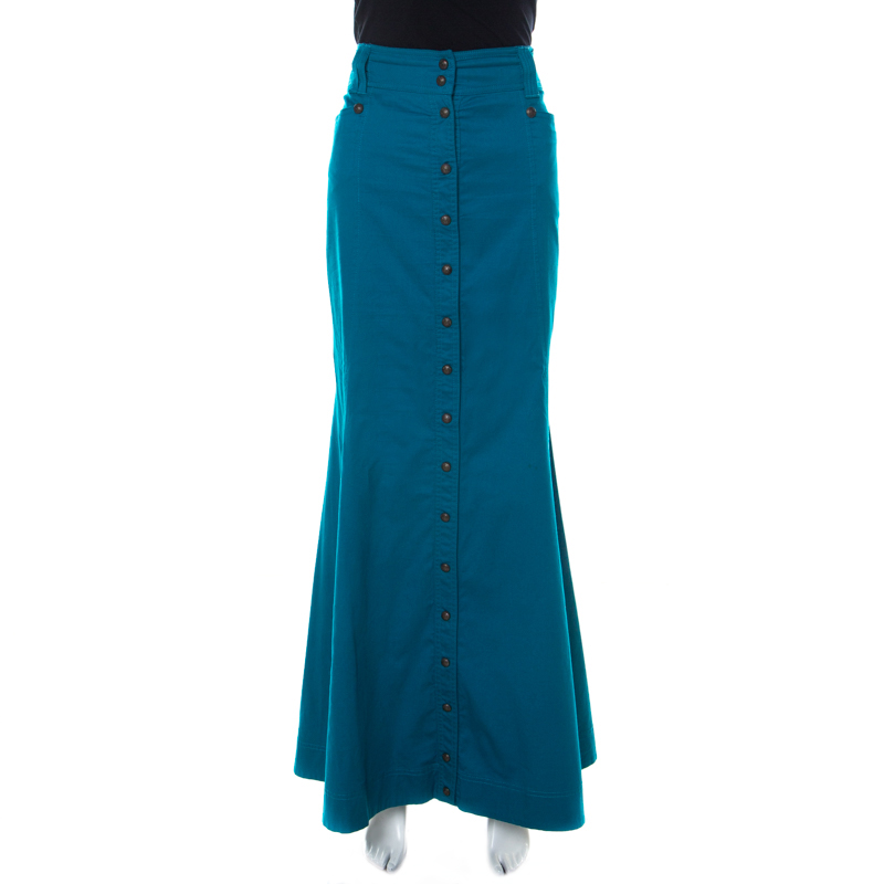 Image of Just Cavalli Blue Cotton Button Front Maxi Skirt L