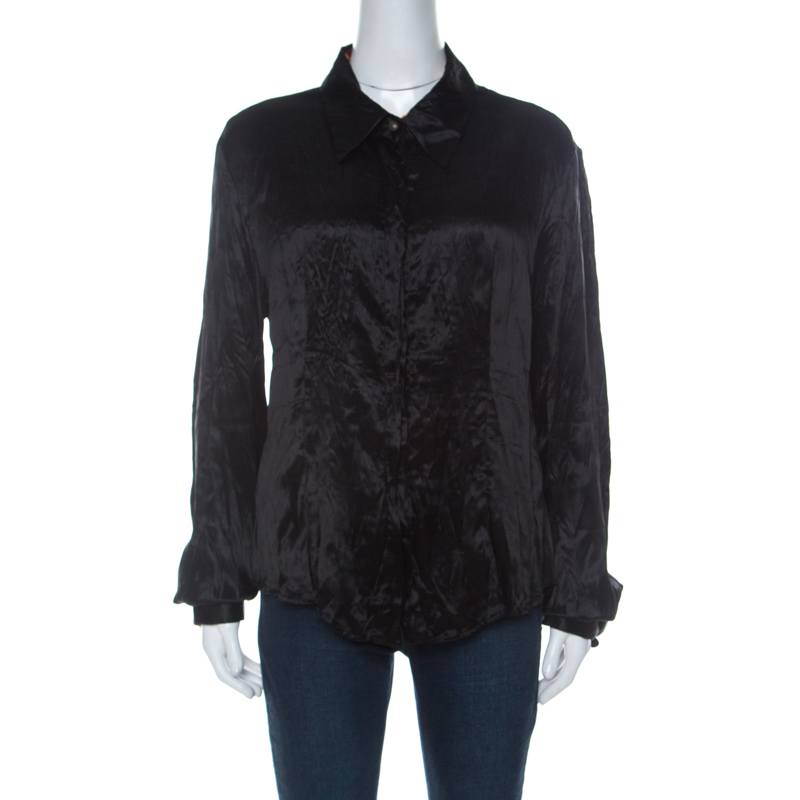 Image of Just Cavalli Black Satin Contrast Collar and Cuff Button Front Shirt L