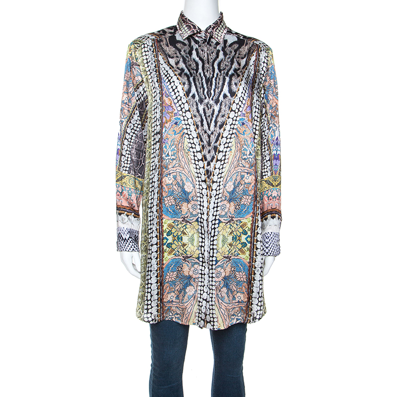 Image of Just Cavalli Multicolor Printed Satin Button Front Blouse M