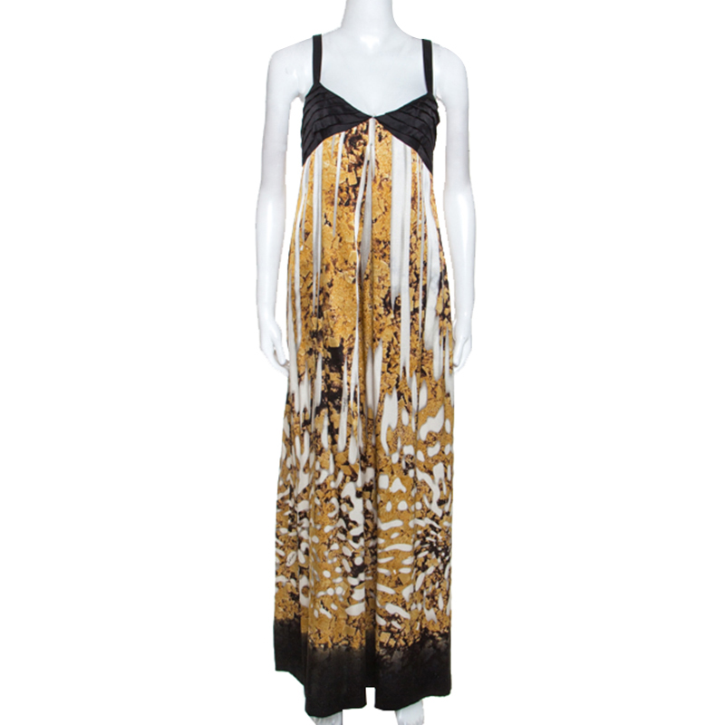 Just cavalli multicolor printed silk pleated bodice detail maxi dress l