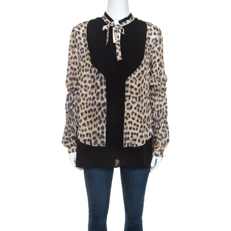 Image of Just Cavalli Beige Leopard Print Silk Contrast Trim Detail Blouse S
