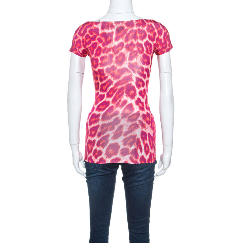 Just Cavalli Red Leopard Print Ruched Detail Top S