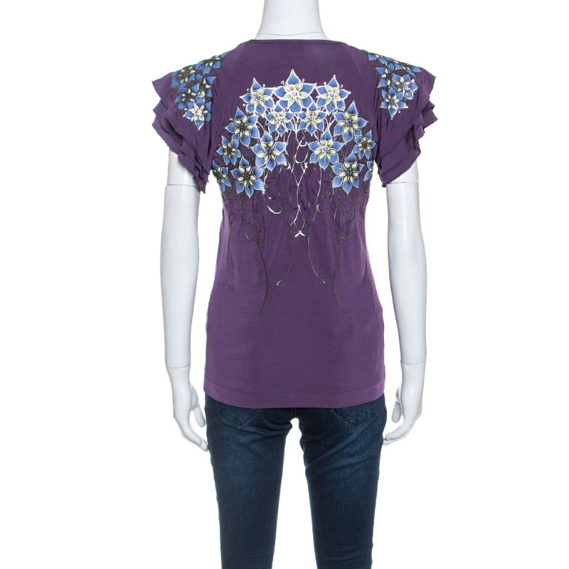 Just Cavalli Purple Stretch Jersey Floral Embossed Detail Top M