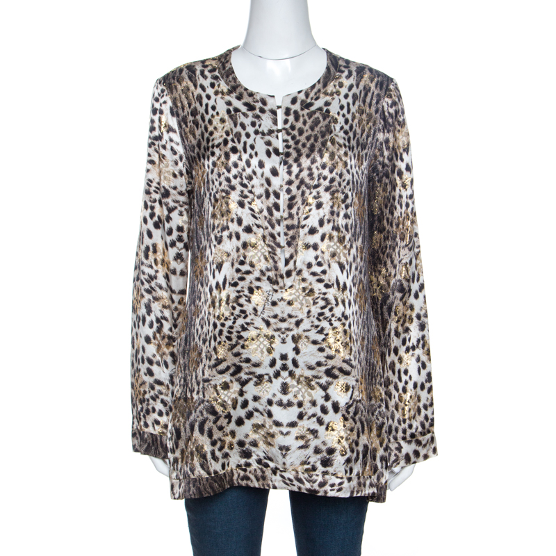 Image of Just Cavalli Beige Leopard Print Silk Lurex Jacquard Detail Blouse M