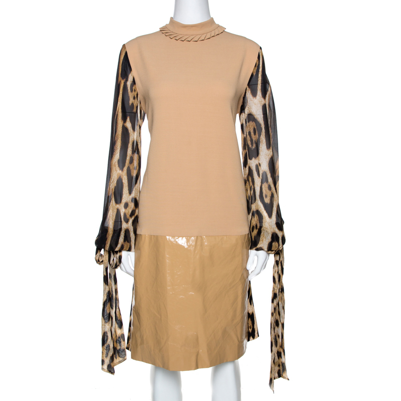Image of Just Cavalli Beige Crepe Paneled & Pleated Midi Dress M