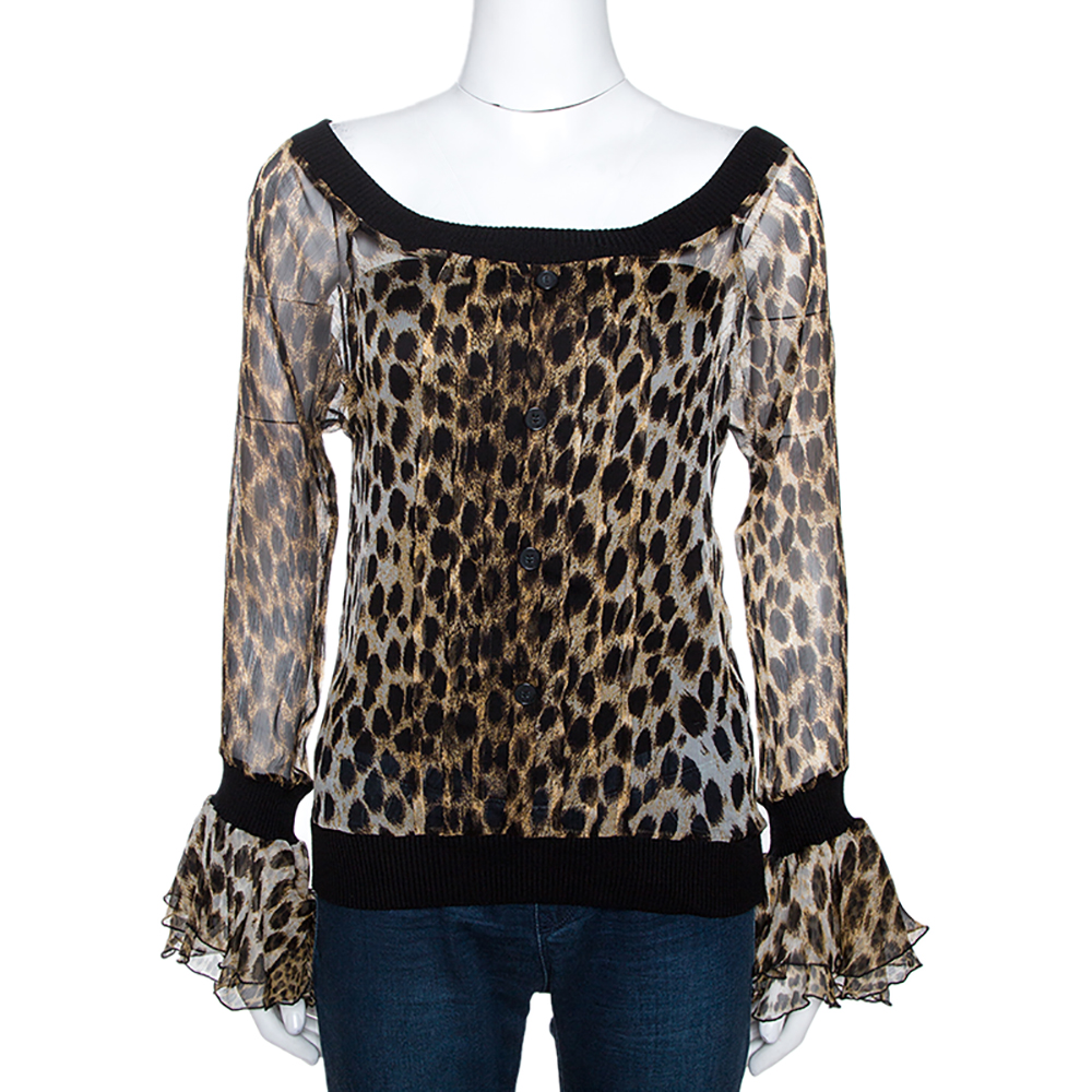 Image of Just Cavalli Brown Leopard Printed Chiffon Rib Trim Detail Top M