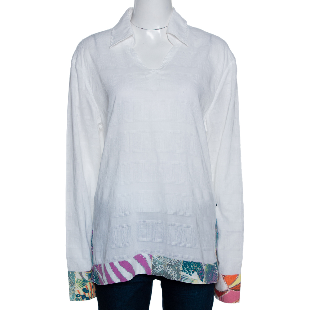 Image of Just Cavalli White Textured Cotton Printed Trim Tunic Top M