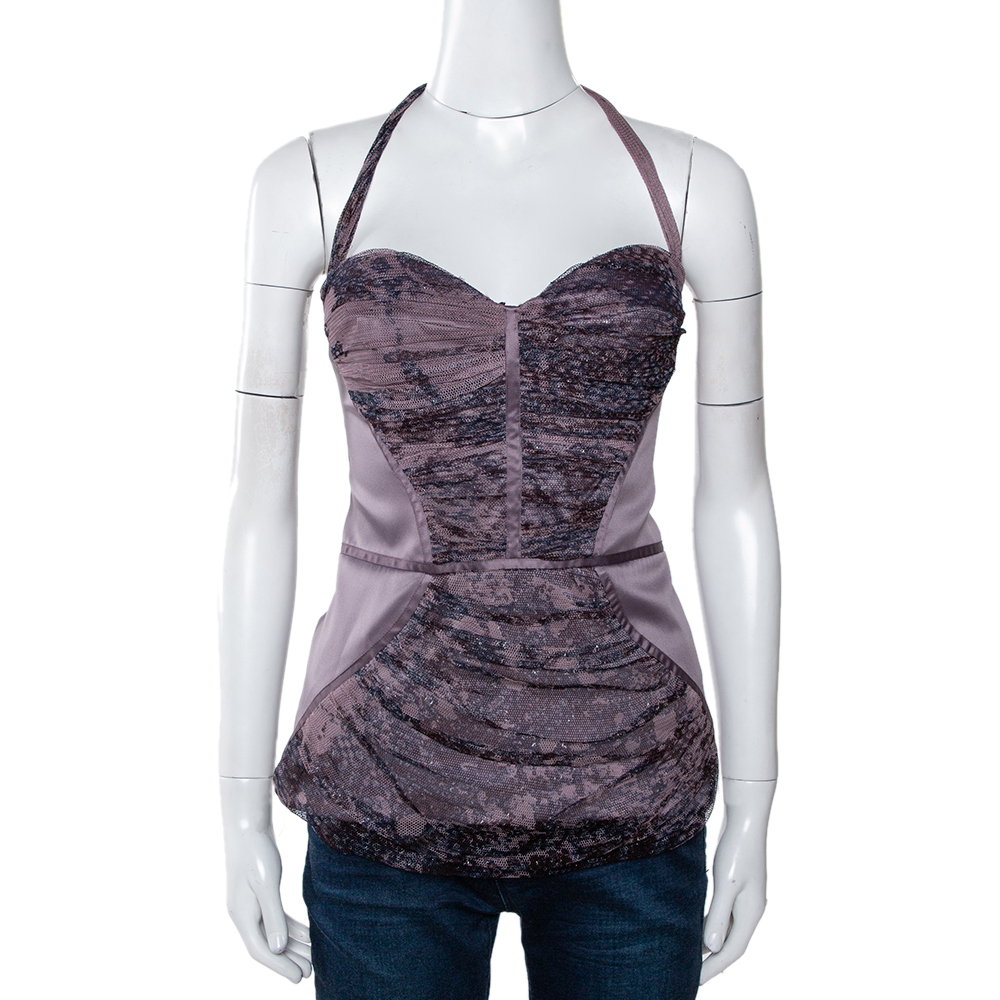 Image of Just Cavalli Mauve Satin Gathered Mesh Detail Halter Blouse M