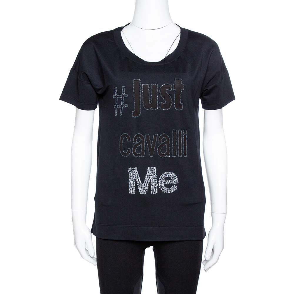 Image of Just Cavalli Black Modal Mesh Logo Embellished T-Shirt XS
