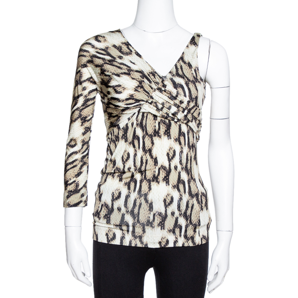 

Just Cavalli Khaki Snake Print Jersey Draped Asymmetrical Top, Beige